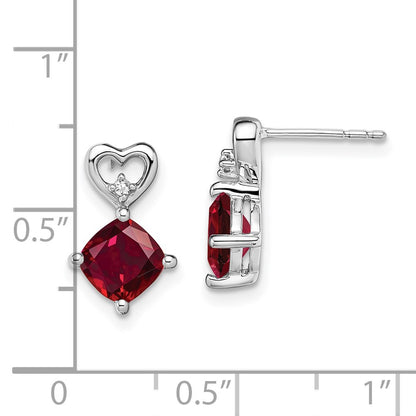 Solid 14k White Gold Created Simulated Ruby and CZ Heart Earrings