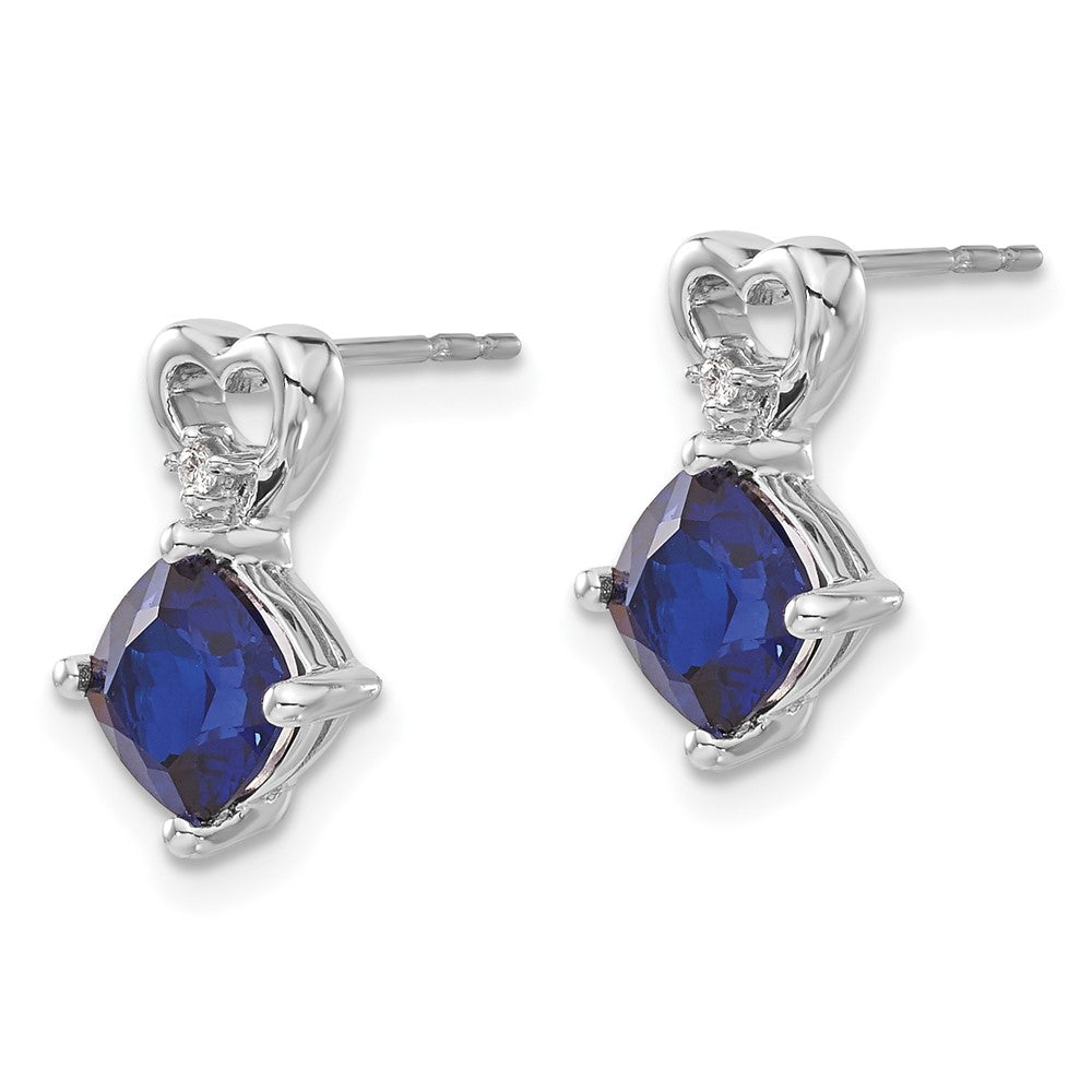 Solid 14k White Gold Created Simulated Sapphire and CZ Heart Earrings