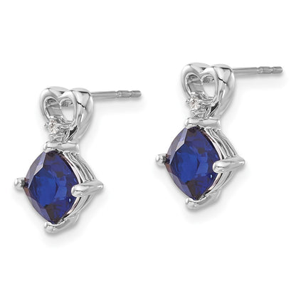 Solid 14k White Gold Created Simulated Sapphire and CZ Heart Earrings