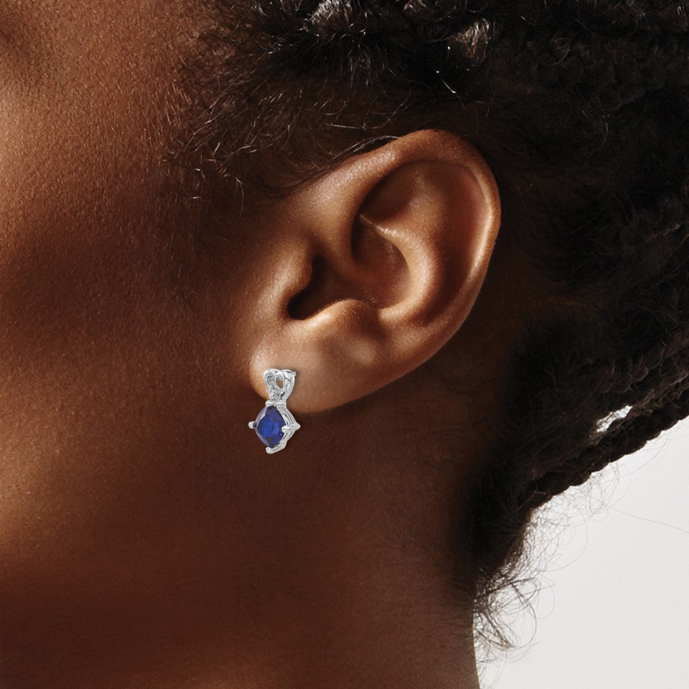 Solid 14k White Gold Created Simulated Sapphire and CZ Heart Earrings