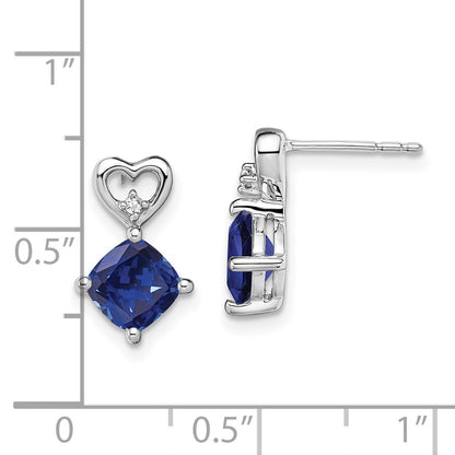 Solid 14k White Gold Created Simulated Sapphire and CZ Heart Earrings