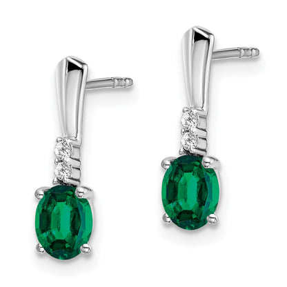 Solid 14k White Gold Oval Created Simulated Emerald and CZ Dangle Earrings