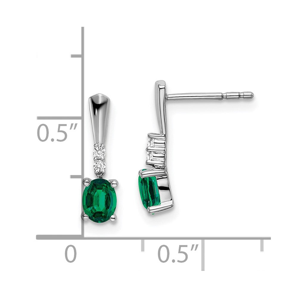 Solid 14k White Gold Oval Created Simulated Emerald and CZ Dangle Earrings