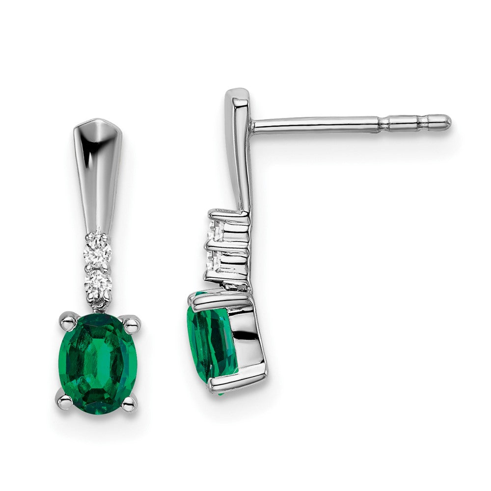 Solid 14k White Gold Oval Created Simulated Emerald and CZ Dangle Earrings