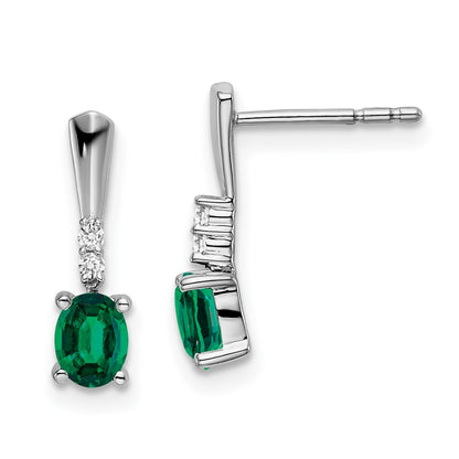 Solid 14k White Gold Oval Created Simulated Emerald and CZ Dangle Earrings