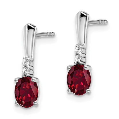 Solid 14k White Gold Oval Created Simulated Ruby and CZ Dangle Earrings