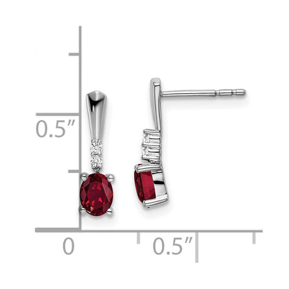 Solid 14k White Gold Oval Created Simulated Ruby and CZ Dangle Earrings