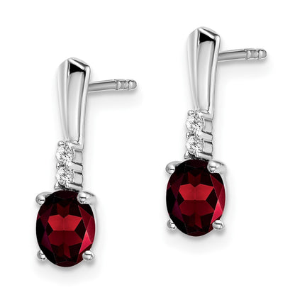 Solid 14k White Gold Oval Simulated Garnet and CZ Dangle Earrings
