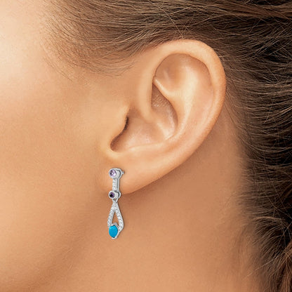 Solid 14k White Gold Simulated Turquoise Simulated/Simulated Amethyst Topaz Dangle Earrings