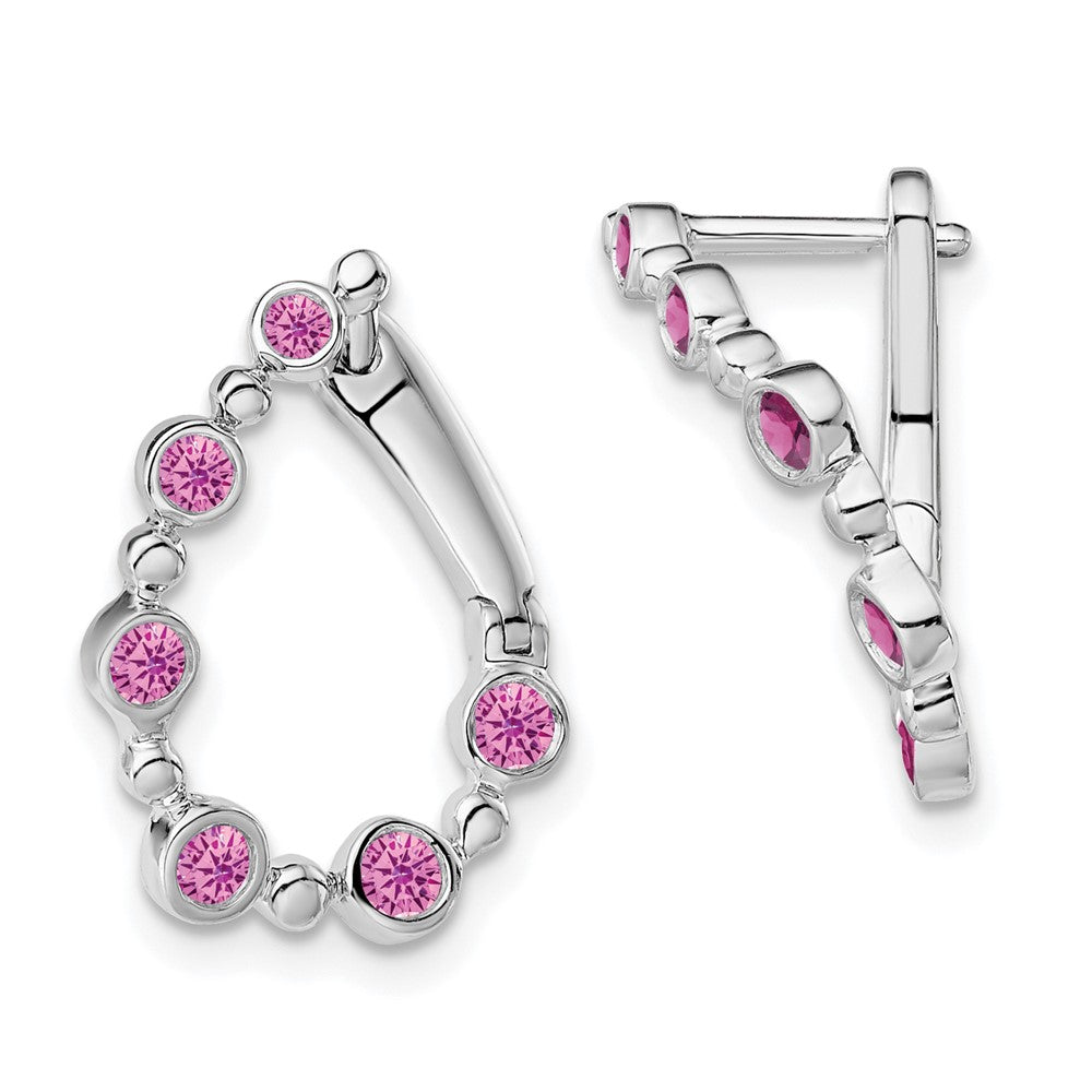 14k White Gold Created Pink Sapphire Teardrop Hoop Earrings EM7455-CPS-W