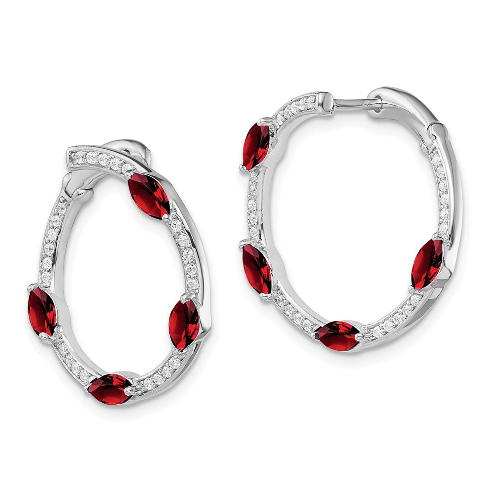 Solid 14k White Gold Simulated Garnet and CZ Hoop Earrings