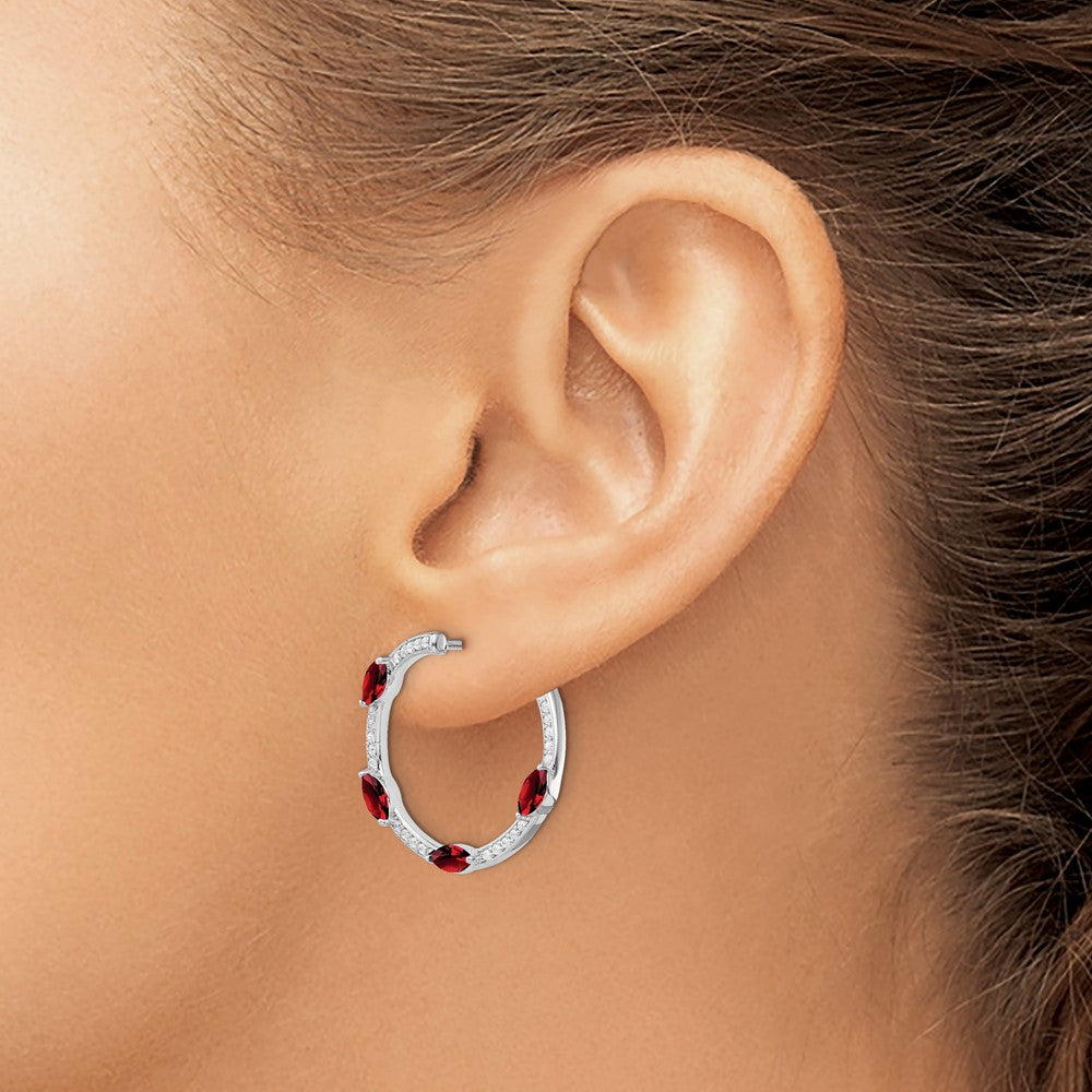 Solid 14k White Gold Simulated Garnet and CZ Hoop Earrings