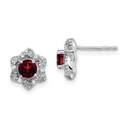 Solid 14k White Gold Simulated Garnet and CZ Post Earrings