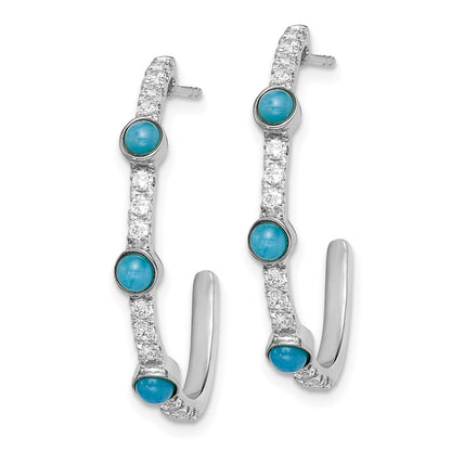 14k White Gold Turquoise and White Topaz J-hoop Earrings