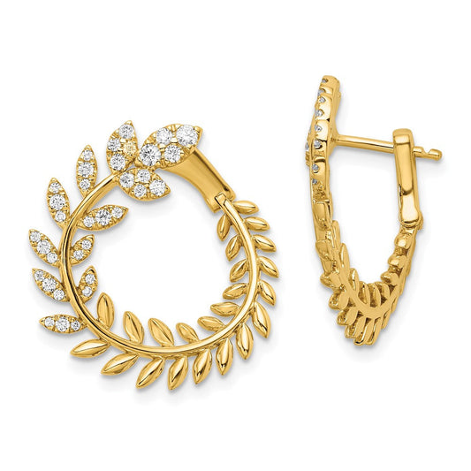 14k Yellow Gold Polished Real Diamond Leaf Design Hoop Earrings EM8378-050-YA
