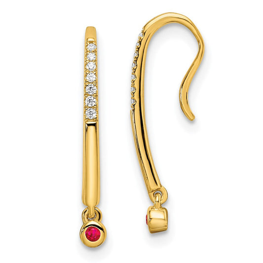 14k Yellow Gold Polished Real Diamond and Ruby Drop Wire Earrings EM8380-RU-006-YA