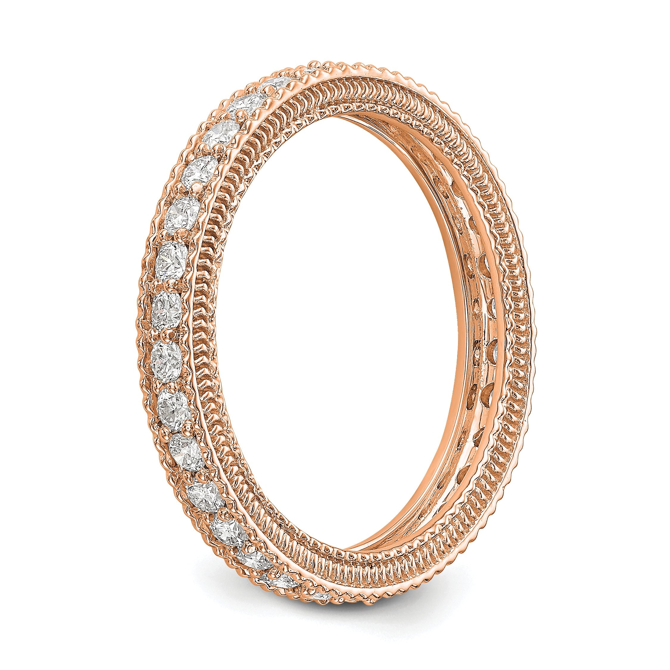 Solid Real 14k Rose Gold Polished 3/4CT Milgrain Edge CZ Eternity Wedding Band Ring