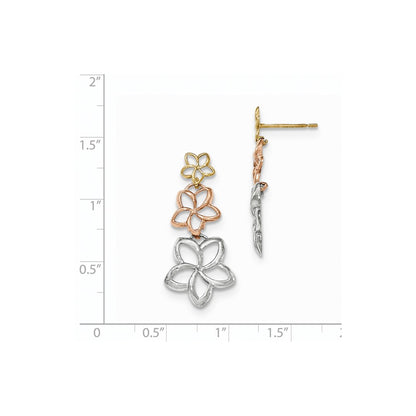 14k Tri-Color Gold Polished D/C Flower Post Dangle Earrings