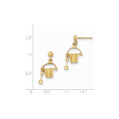 14k Yellow Gold Gold Polished & Textured Beach Bucket w/shovel Dangle Post Earrings