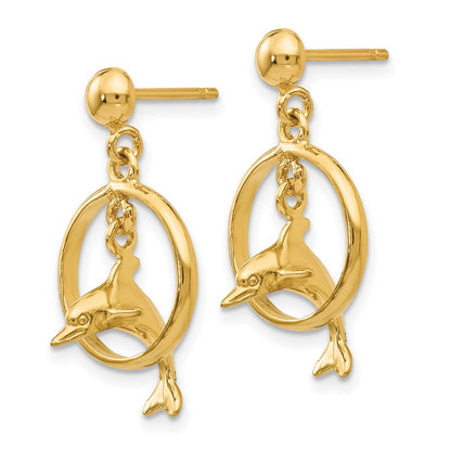 14k Yellow Gold Polished 3-D Dolphin Jumping Through Hoop Dangle Earrings