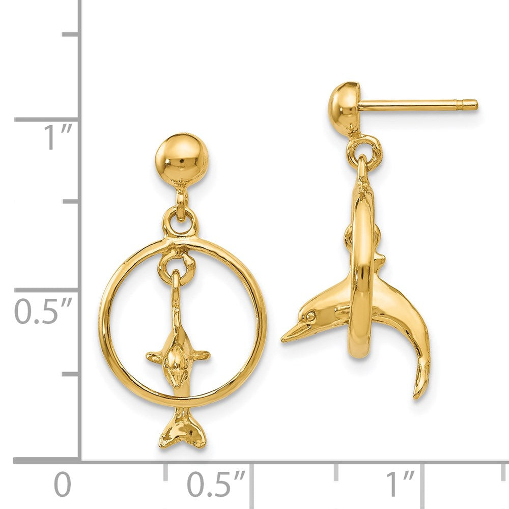 14k Yellow Gold Polished 3-D Dolphin Jumping Through Hoop Dangle Earrings