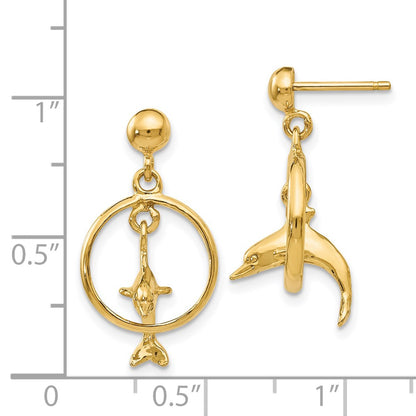 14k Yellow Gold Polished 3-D Dolphin Jumping Through Hoop Dangle Earrings