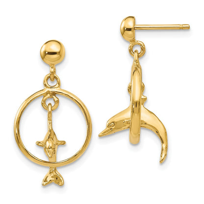 14k Yellow Gold Polished 3-D Dolphin Jumping Through Hoop Dangle Earrings