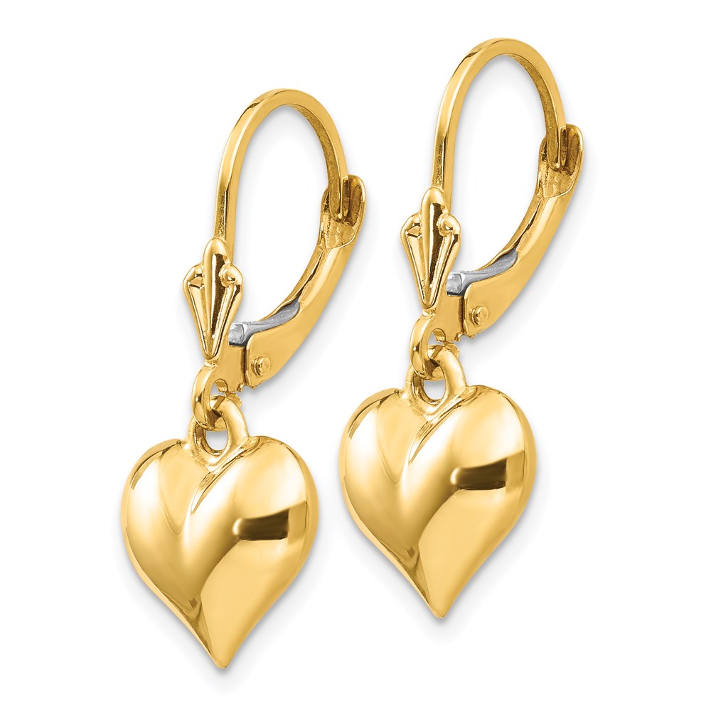 14k Yellow Gold Puff Heart Leverback Earrings