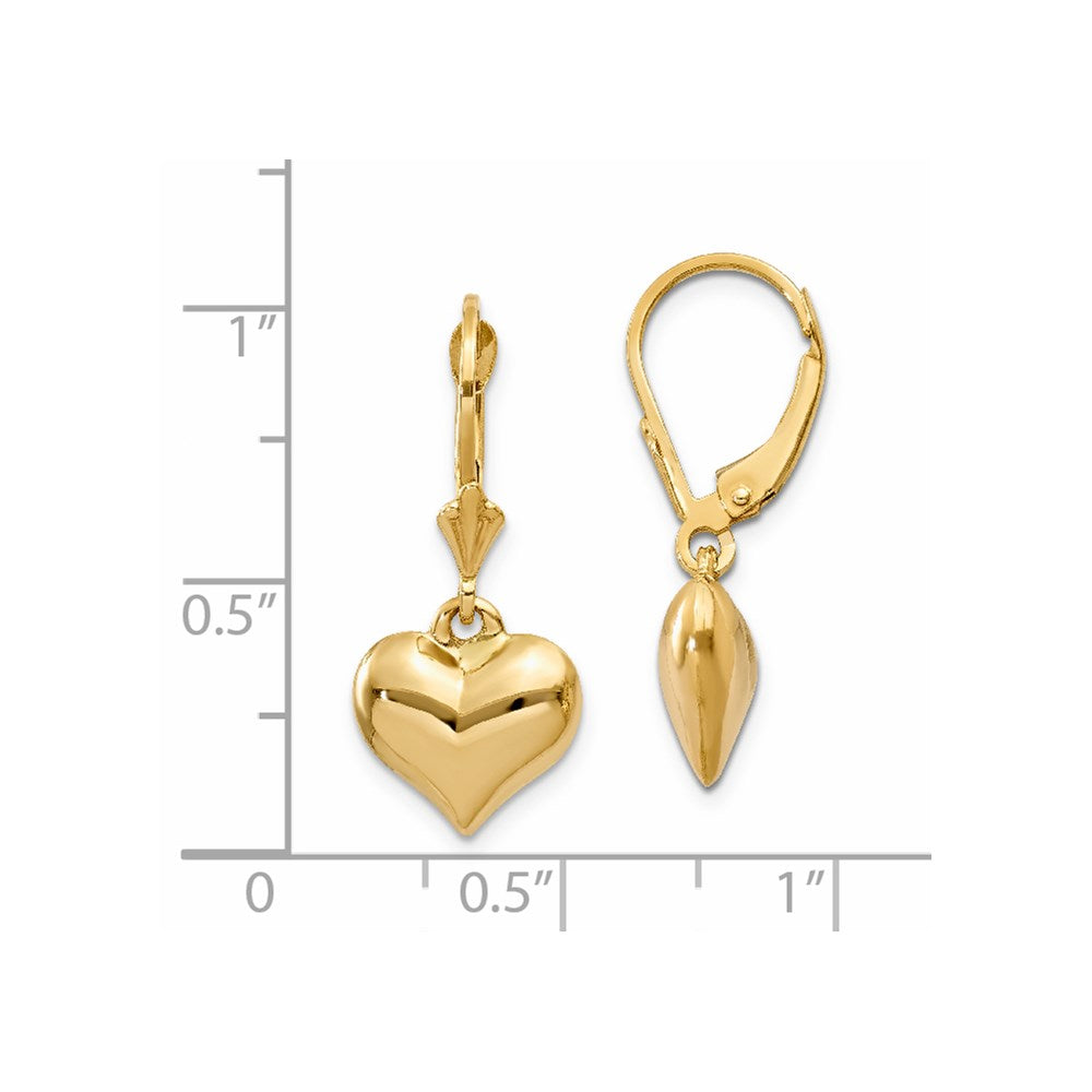 14k Yellow Gold Puff Heart Leverback Earrings