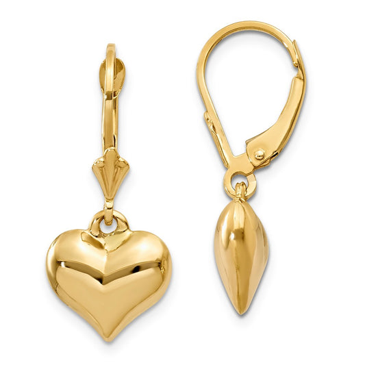 14k Yellow Gold Puff Heart Leverback Earrings