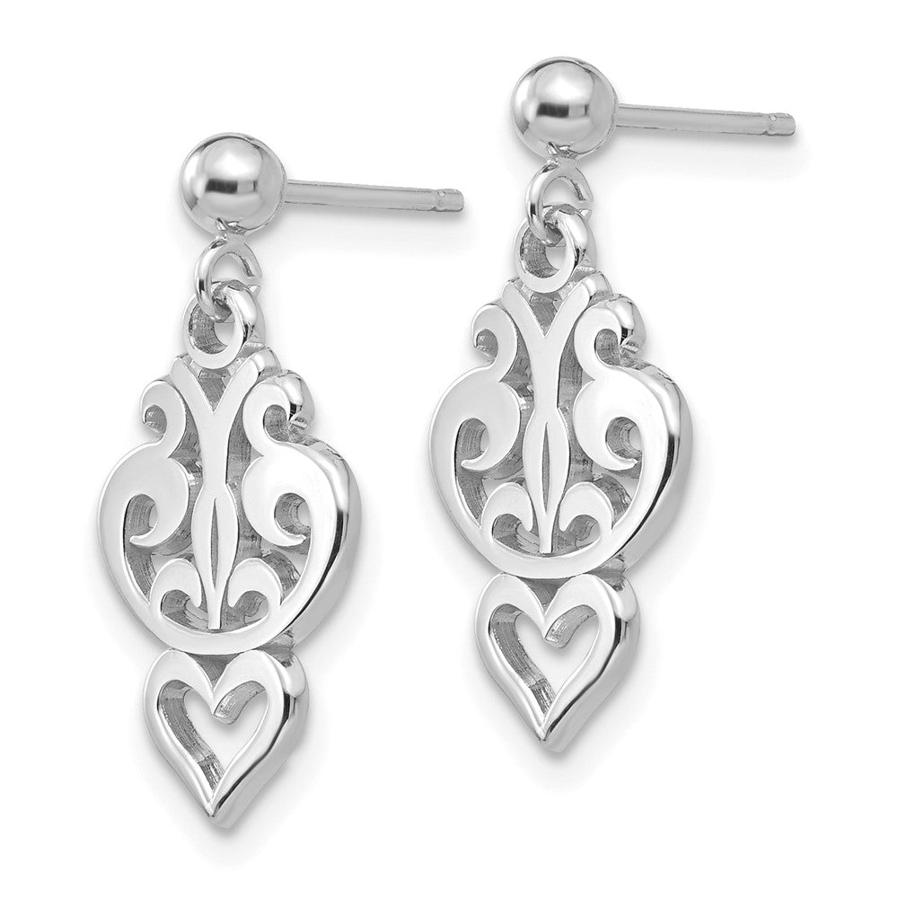 14k White Gold Filigree Heart Dangle Earrings