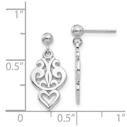14k White Gold Filigree Heart Dangle Earrings