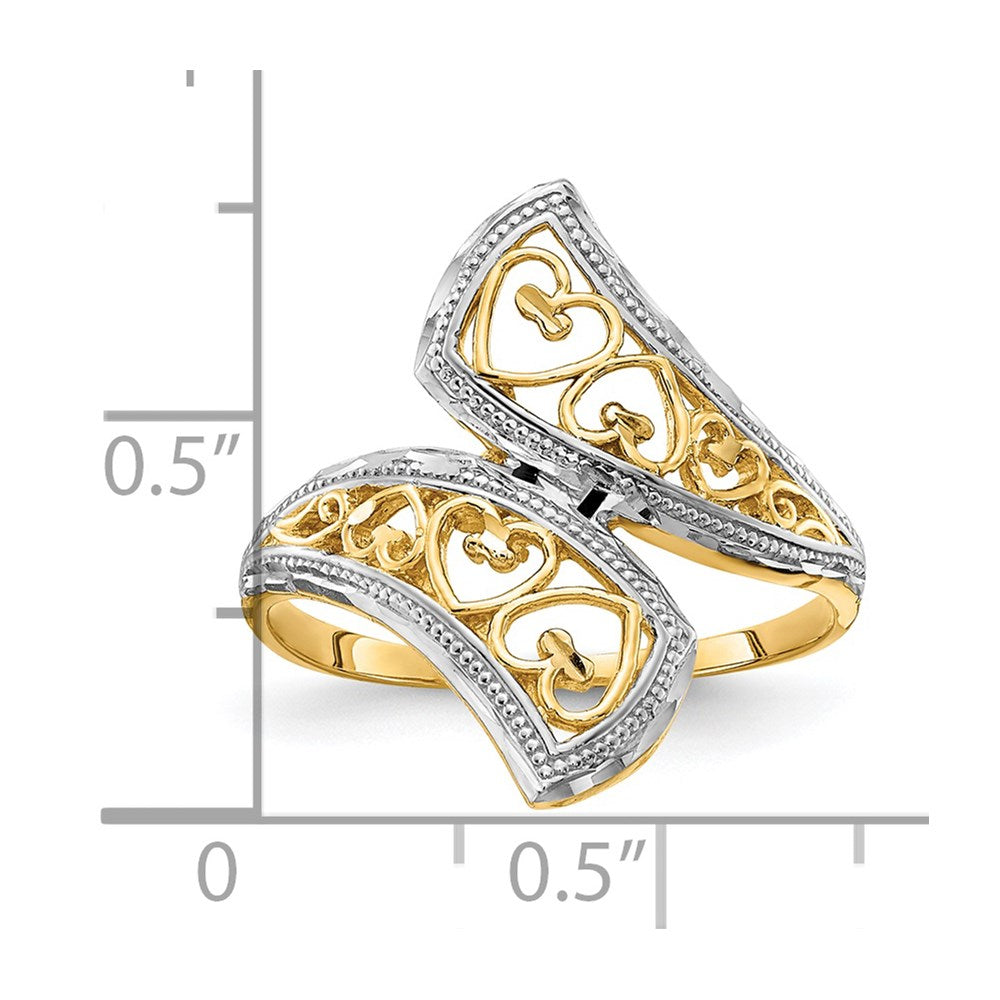 14k yellow gold w rhodium diamond cut heart accent bypass ring k2046