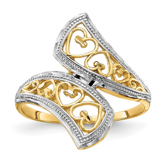 14k yellow gold w rhodium diamond cut heart accent bypass ring k2046