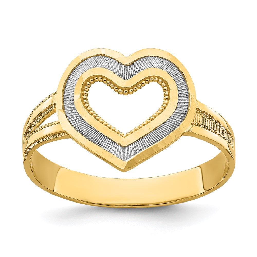 14k yellow gold and rhodium diamond cut heart ring k2077