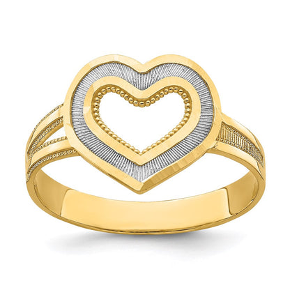 14k yellow gold and rhodium diamond cut heart ring k2077