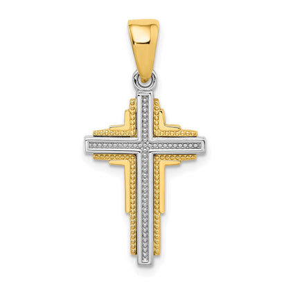 14k Two-tone Gold Beaded Cross Pendant