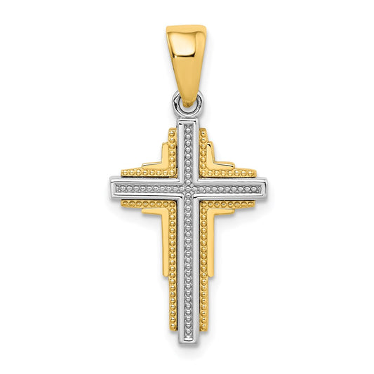 14k Two-tone Gold Beaded Cross Pendant