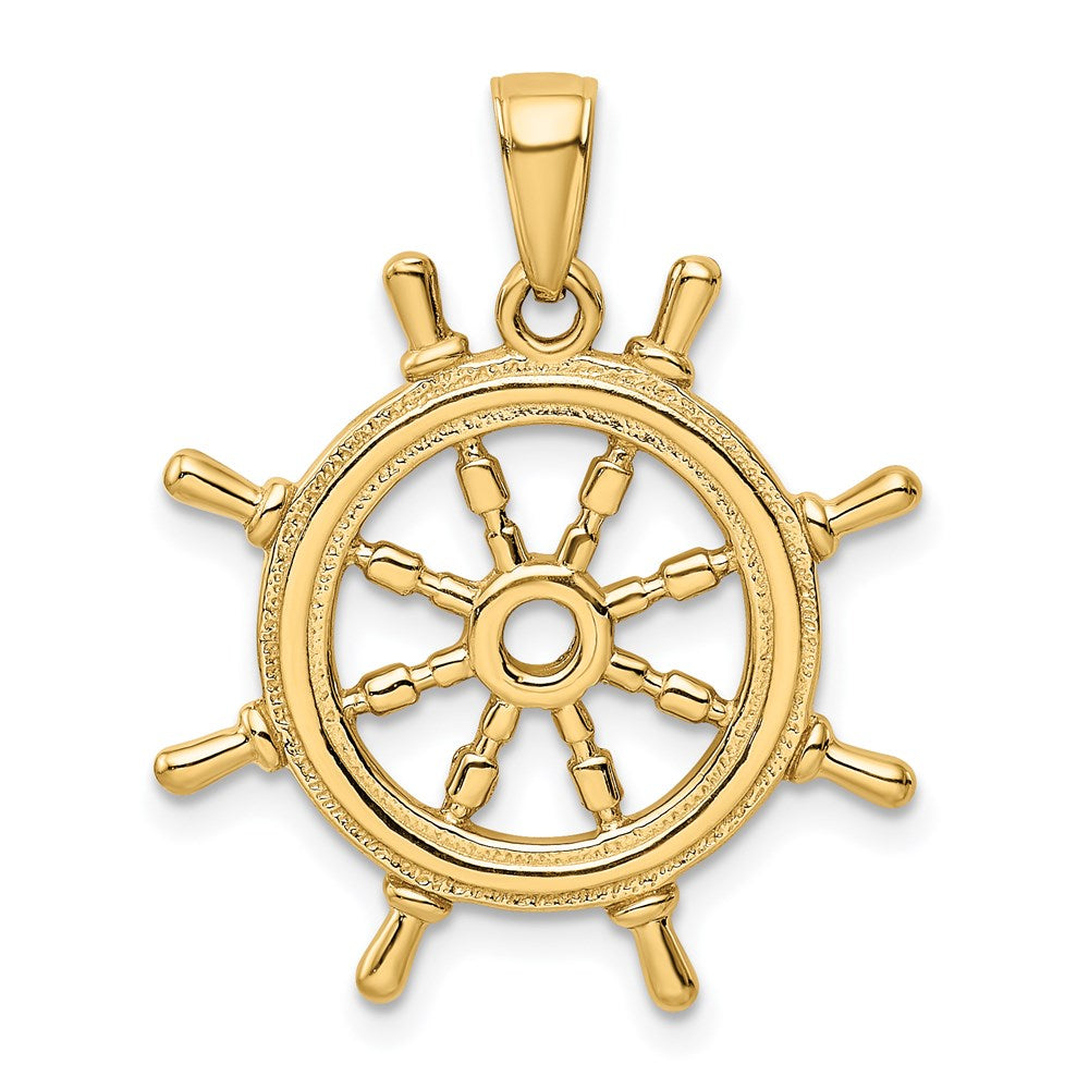14k Yellow Gold  3D Ships Wheel Pendant