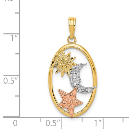 14k Two-tone Gold w/White Rhodium Sun Moon and Star Oval Pendant