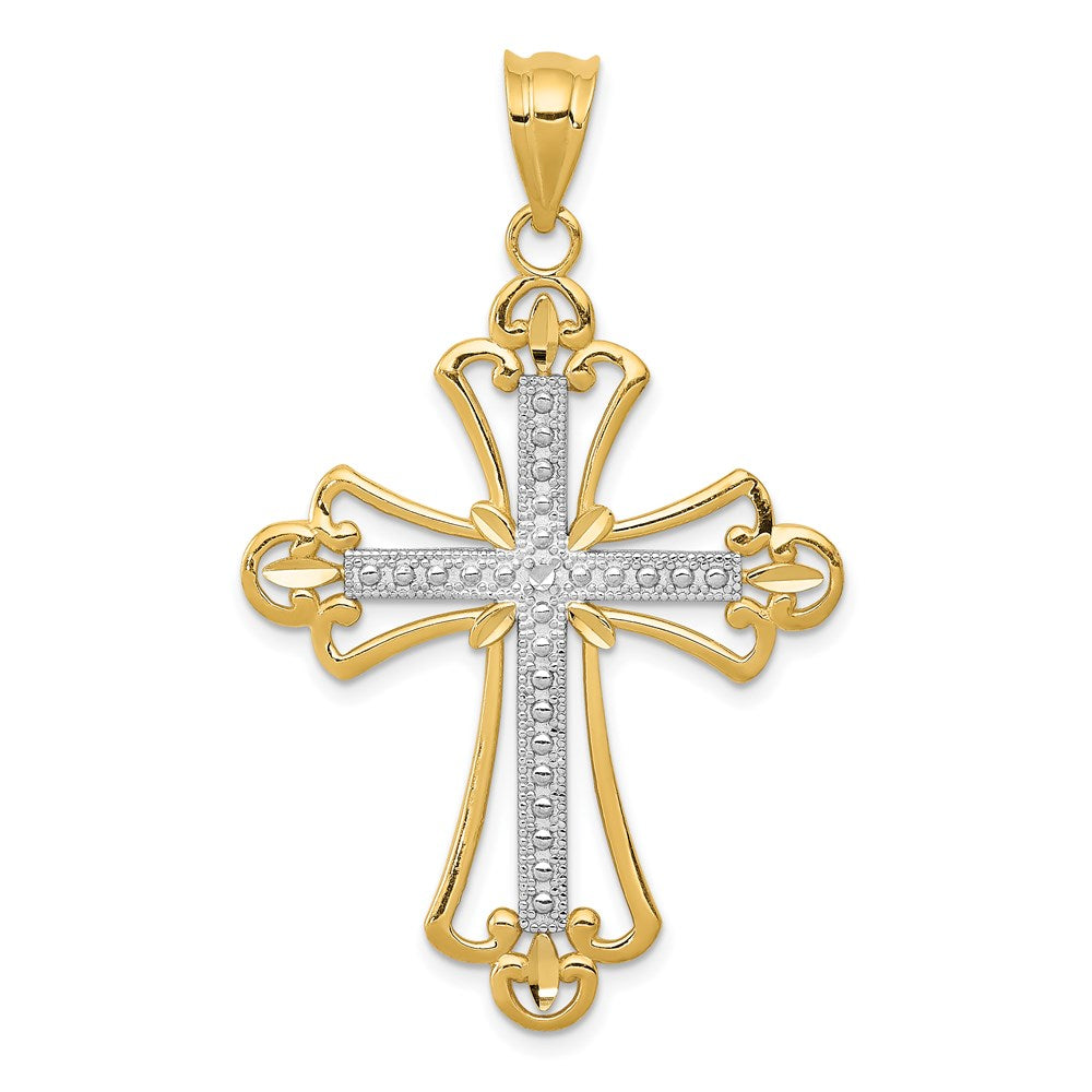 14k Yellow & Rhodium Gold w/Rhodium Budded Cross Pendant