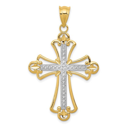 14k Yellow & Rhodium Gold w/Rhodium Budded Cross Pendant