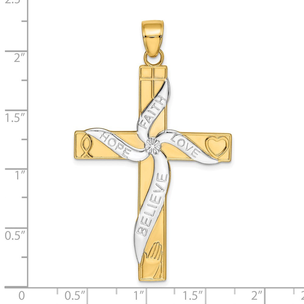 14k Yellow & Rhodium Gold w/Rhodium HOPE FAITH LOVE BELIEVE Cross Pendant