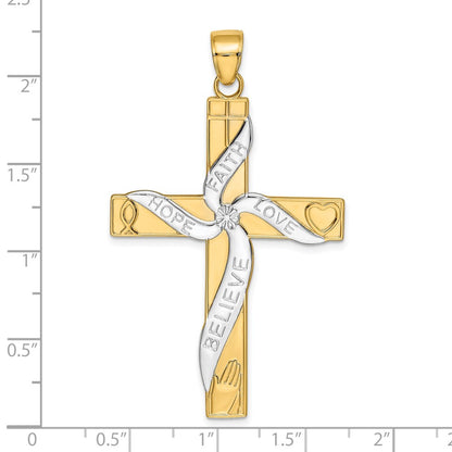 14k Yellow & Rhodium Gold w/Rhodium HOPE FAITH LOVE BELIEVE Cross Pendant