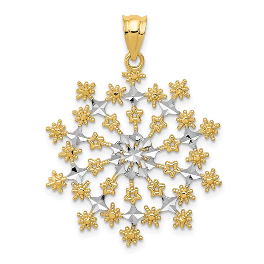 14k Yellow & Rhodium Gold & Rhodium Diamond-cut Starburst Snowflake Pendant