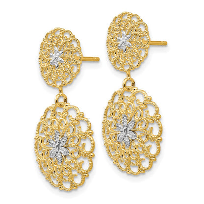 14k Yellow & Rhodium Gold w/Rhodium D/C Filigree Medallion Drop Post Earrings