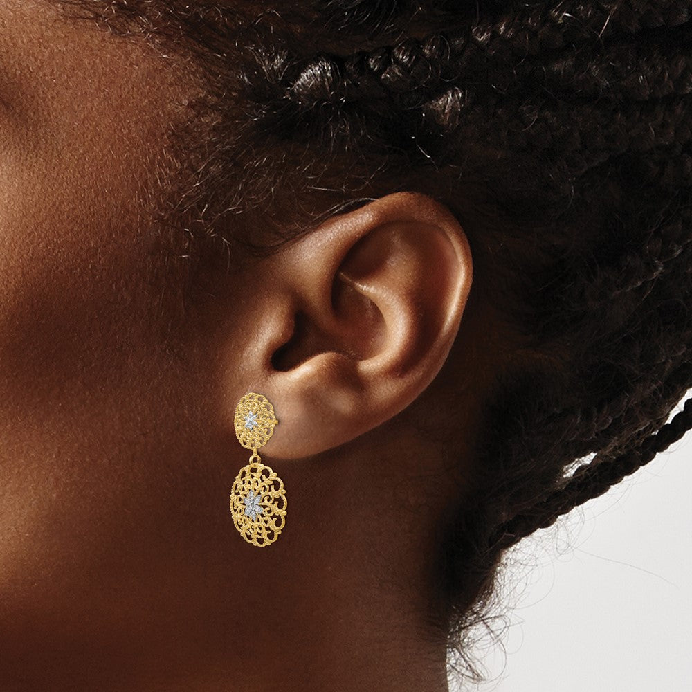 14k Yellow & Rhodium Gold w/Rhodium D/C Filigree Medallion Drop Post Earrings