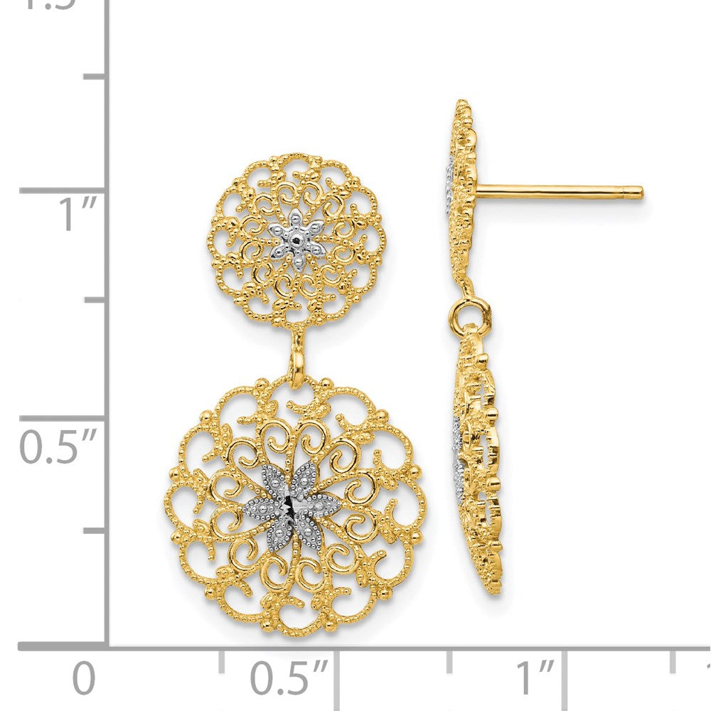 14k Yellow & Rhodium Gold w/Rhodium D/C Filigree Medallion Drop Post Earrings