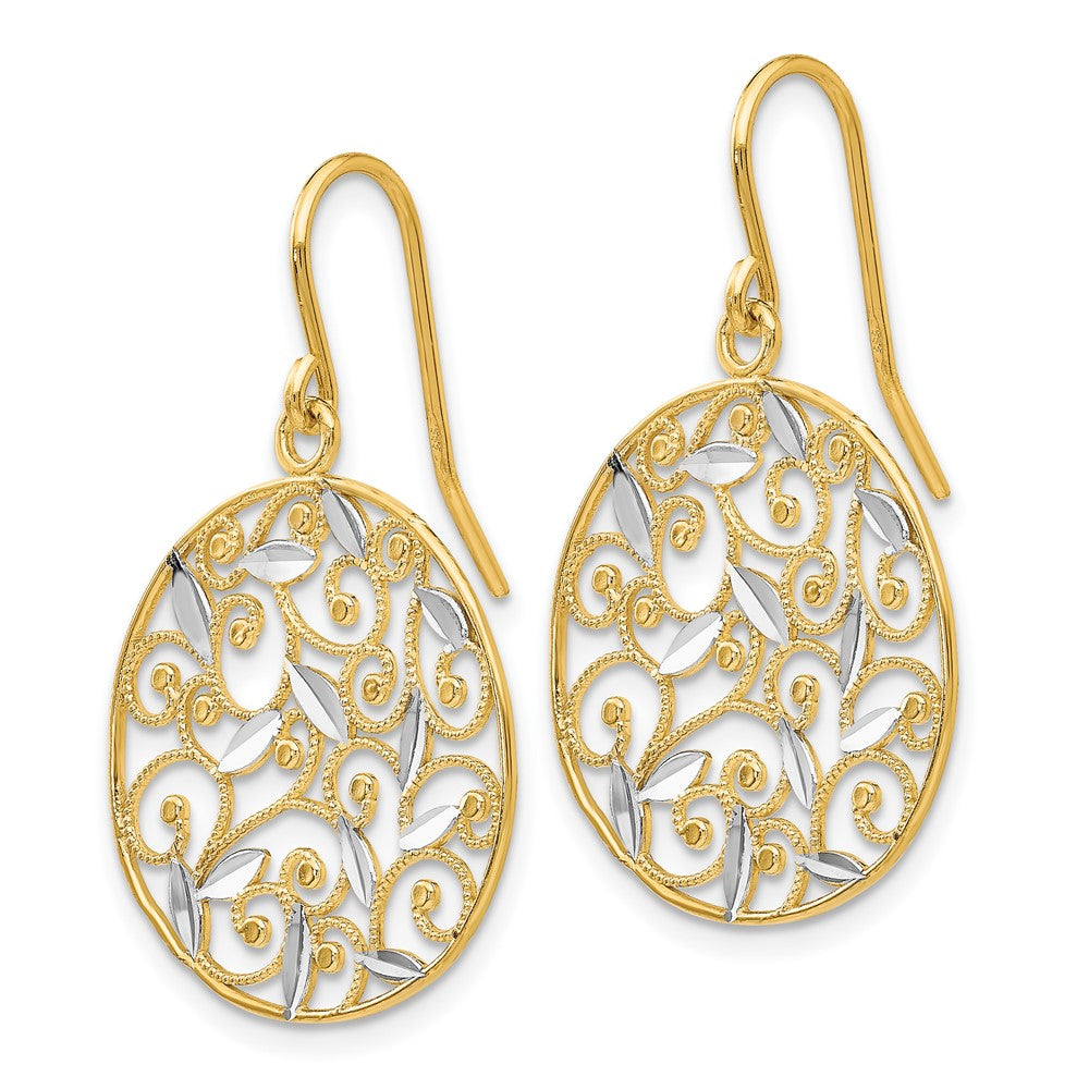 14k Yellow & Rhodium Gold and Rhodium Diamond-cut Filigree Circle Wire Earrings