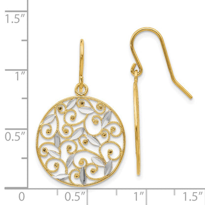 14k Yellow & Rhodium Gold and Rhodium Diamond-cut Filigree Circle Wire Earrings
